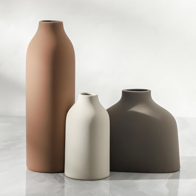 Enra Ceramic Vase Set of 3, Modern Minimalist Vases for Home Decor | Warm matte finishes in three sizes, perfect for pampas grass, dried stems, shelves, mantels and tabletop styling.