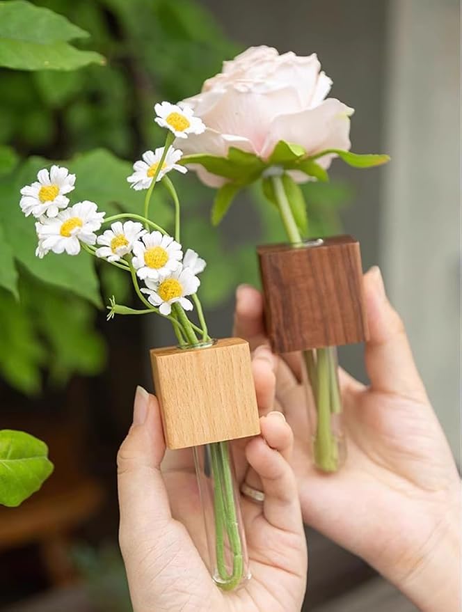 3 Pack Wooden Hydroponic Vase Fridge Magnets, Mini Glass Planter with Strong Magnet for Refrigerator Whiteboard Cabinet, Home Kitchen Decor for Succulents Cuttings Small Flowers