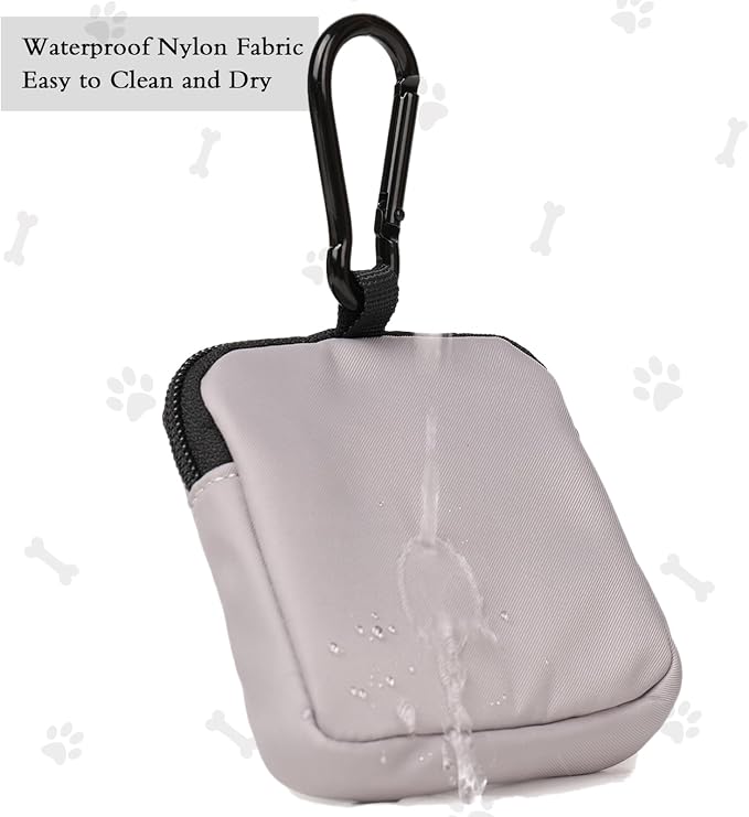 Dog Treat Pouch Pocket Sized Pet Puppy Training Pouch for Dog Training Behavior Aids, Waterproof Nylon Fabric Dog Poop Bag Holder, Hands Free Dog Walking Bag with Metal Carabiner (Grey)