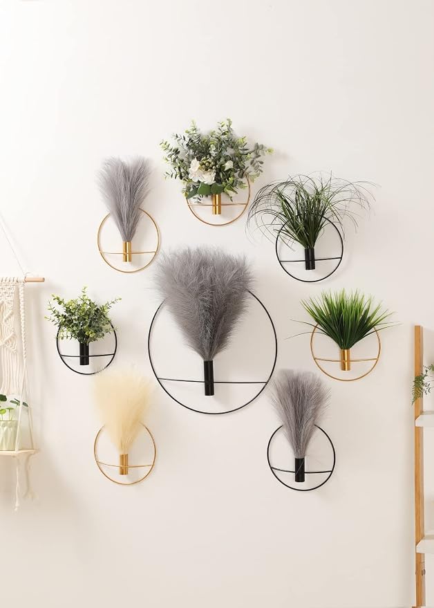 Pretty Jolly Boho Pampas Wall Decor Gold Metal Wall-Mounted Art | Morden Artificial Greenery Display，2 Pack Coffee Hanging Planter For Living Room, Bedroom, Bathroom, Dining room