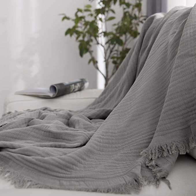 Simple&Opulence Cotton Muslin Throw Blanket for Bed, Couch, Knit Woven Gauze Blanket with Tassels, Soft Lightweight Cozy Pre-Washed Breathable Farmhouse Decoration for All-Season (Grey)