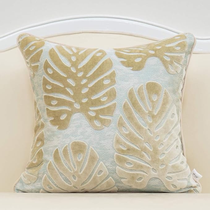 Alerfa 18 x 18 Inch Square Leaf Pillow Embroidery Cut Velvet Cushion Case Luxury Modern Lumbar Throw Pillow Cover Decorative Pillow for Couch Sofa Living Room Bedroom Car, Beige