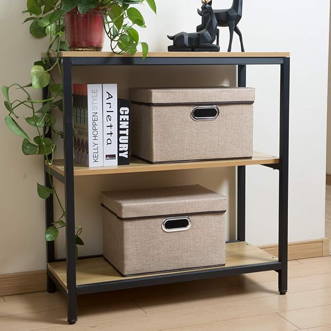 Collapsible Storage Cubes with Lids [3-Pack] Jute Fabric Foldable Storage Boxes Organizer Containers Baskets Bins with Cover for Home Bedroom Closet Office Nursery (14.9x9.8x9.8)