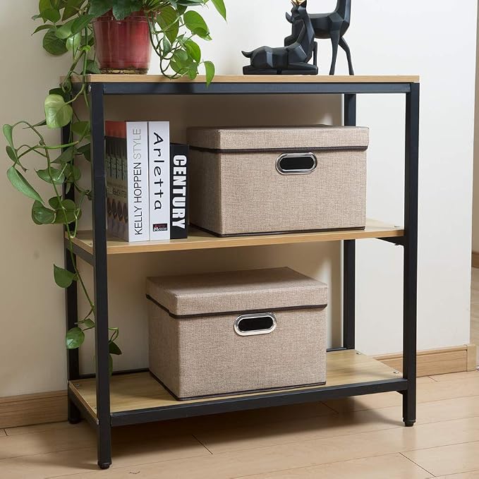 Collapsible Storage Containers with Lids [5-Pack] Jute Fabric Foldable Storage Bins Boxes Organizer Baskets Cube with Cover for Home Bedroom Closet Office Nursery (14.9x9.8x9.8)
