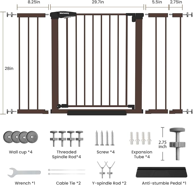 Mumeasy 29.7–48" Baby Gate for Stairs, Dog Gate for Doorways, Auto Close Child Gate, Indoor Safety Pet Gate with Walk Thru Door, Easy Install Pressure Mounted Extra Wide Gate for Kitchen, House, Brown