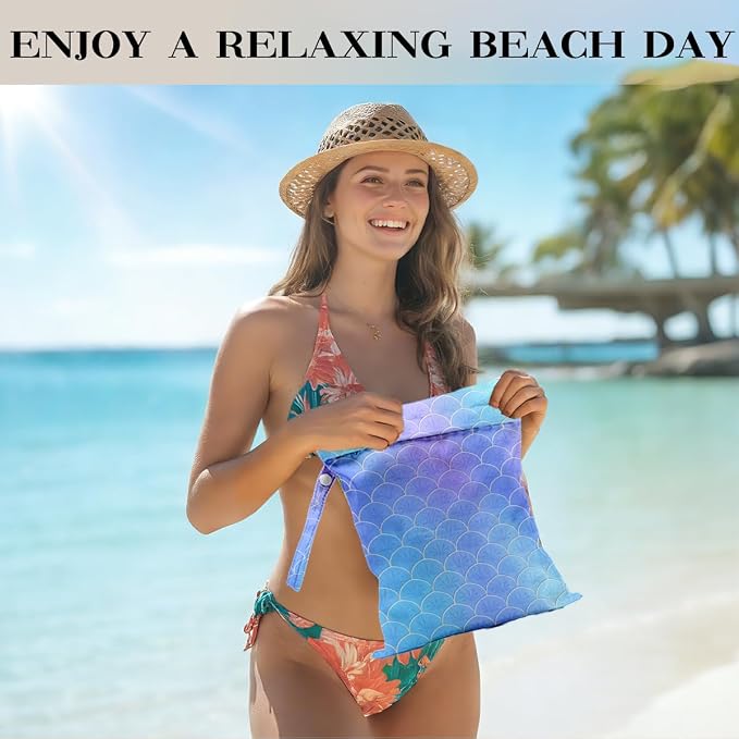 Mermaid Scale Wet Bag 12x10 Inch, Wet Dry Bag for Swimsuit Travel Beach Pool Stroller Diapers Dirty Yoga Gym Clothes Makeup Bags Toiletries Waterproof Reusable Zipper Pouch,Blue Scales Gifts for Women