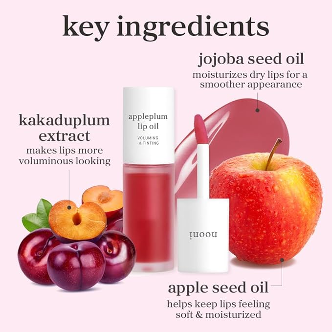 NOONI Korean Lip Oil - Appleplum | Long-Lasting, Moisturizing, Plumping, Revitalizing for Dry Lips, Waterproof, No Peel Off, Korean Tint, Hydrating, Nourishing, Stocking Stuffers, 0.12 FL Oz