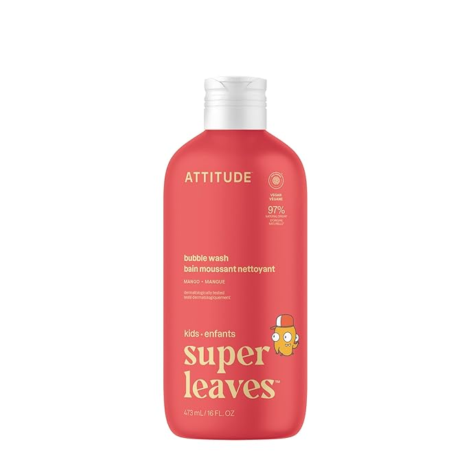ATTITUDE Bubble Wash for Kids, EWG Verified Bubble Bath, Hair Shampoo and Body Soap, Dermatologically Tested, Plant- and Mineral-Based, Vegan, Mango, 16 Fl Oz