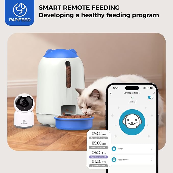PAPIFEED 2-in-1 Automatic Cat Feeder and Pet Camera Combo, 1080P HD & 360°Pan-Tilt, 3L Cat Food Dispenser with App, 2.4G WiFi Timed Cat Feeder for Dry Food, Automatic Cat Feeder with Camera