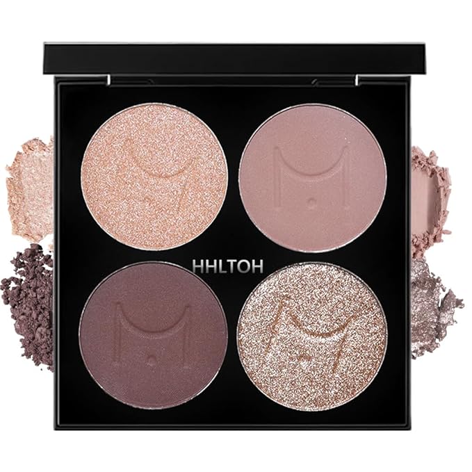 4 Colors Eyeshadow Makeup Palette – Christmas Gifts for Older Women, Plum Brown Champagne Gold Rose Nude Pink Quads, Neutral Matte & Shimmer Cream Powder Eye Shadow, Highly Pigmented Waterproof