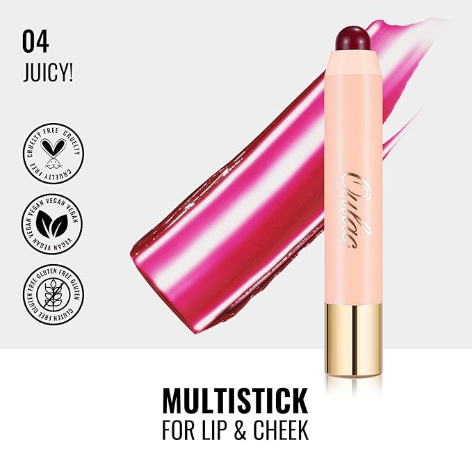 Oulac Black Cherry Lipstick - Lipstain and Blush Duo, Tinted Lip Balm, Moisturising and Nourishing, Glossy Finish, Vegan, JUICY!(04)