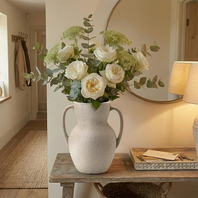 Emotionally Grounded Vase, Vaseking Large Ceramic Rustic Vase with 2 Handles, 8.6 inch Minimalist Decorative Farmhouse Vases for Home Decor, Living Room, Enterway, Table Decoration, Speckled White