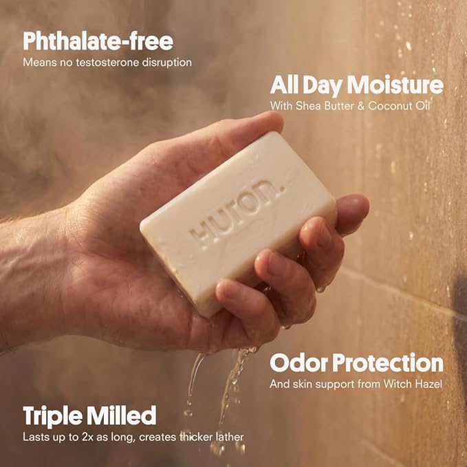 Huron Bar Soap for Men and Women, Hydrating Cleansing Bars with Sea Salt + Driftwood Scent, Moisturizing Shower Soap, Phthalate-Free, Non-Toxic Clean Ingredients for Daily Body Care, 5 oz (Pack of 3)