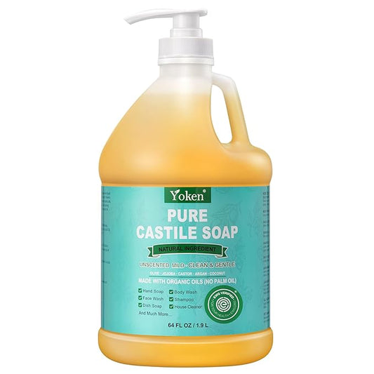 EWG Verified Organic Castile Soap Liquid (Unscented, 64 oz) Pure Castile Liquid Soap Made With Organic Oil, Clean & Gentle, Natural Castor Oil Soaps for Body & Face Wash, Hands, Dishes, Laundry