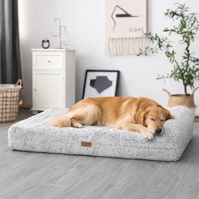 Orthopedic Memory Foam Dog Bed 7" Inch Thick Extra Large Dog Bed with Pillow Fluffy Grey 50"x34"x10" Includes Waterproof Liner & Durable Removable Cover with Smart Design