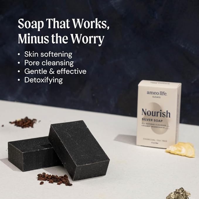 Ameo Life Charcoal Tea Tree Silver Soap with 30 ppm Silver - Naturally Cleanses the Skin, 4 oz Colloidal Silver Soap Bar for Women and Men