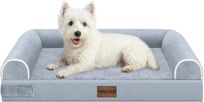 Orthopedic Dog Bed for Medium Dogs, 28 x 19 Inch, Light Grey | Egg crate foam for joint support, 3-sided bolster pet sofa, waterproof lining, washable cover, and non-skid base
