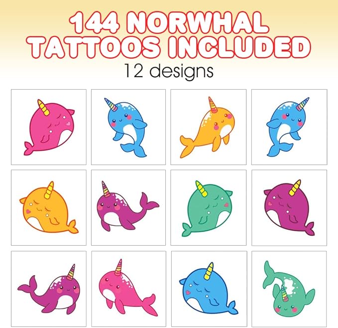 ArtCreativity Narwhal Individual Temporary Tattoos for Kids - Bulk Pack of 144 Non-Toxic 2 Inch Pre-Cut Ocean Animal Tattoos, Narwhal Birthday Party Favors and Goodie Bag Fillers for Girls and Boys