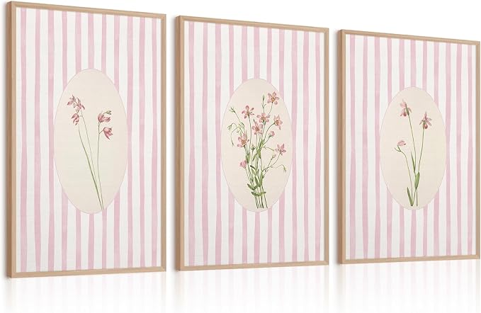 Youillne Pink Flower Wall Art Striped Floral Prints Botanical Canvas Wall Decor Aesthetic Pictures Pastel Pink Floral Poster Minimalist Flower Painting for Girl Room 16x24 Inch Unframed Set of 3