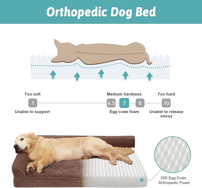 COZY KISS Orthopedic Dog Bed for Extra Large Dogs, L Shaped XL 44x32 inch | Non-Slip Bottom Soft Pet Sofa with Washable Removable Waterproof Cover, Egg-Crate Foam Couch with Portable Handle, Brown