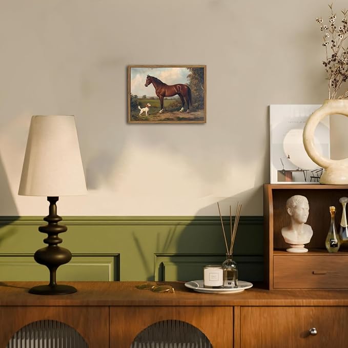 Framed Vintage Wall Art, Rustic Horse and Dog Pictures Wall Decor, Farmhouse Animal landscape Paintings Canvas Prints Neutral Aesthetic Home Decor for Living Room Bedroom Bathroom Office 16x24 inch
