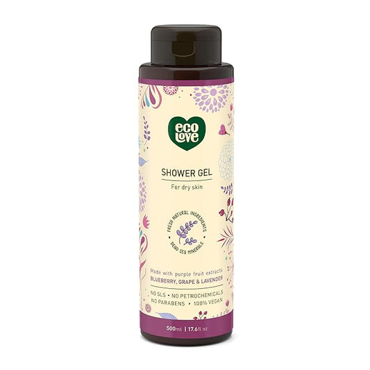 ecoLove - Natural Moisturizing Body Wash for Dry Skin - Organic Blueberry, Grape & Lavender - No SLS or Parabens - Vegan and Cruelty-Free Shower Gel, 17.6 oz