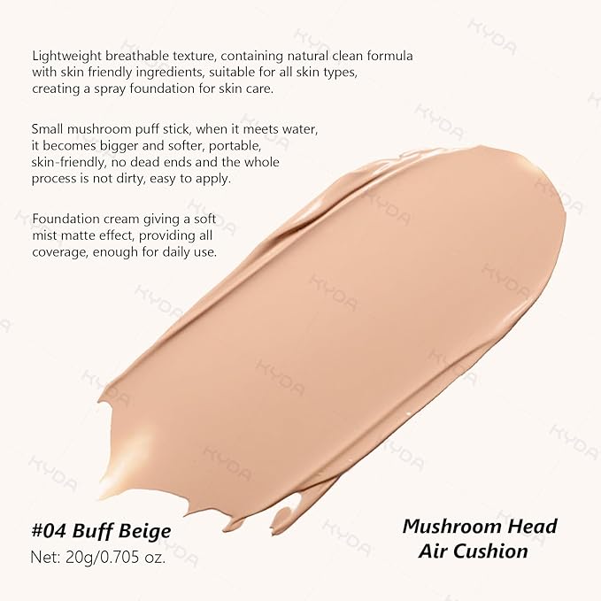 KYDA Mushroom Head Air Cushion BB Cream, Mushroom Foundation for Older Women, Lasting Moisturizing CC Cream Foundation for Mature Skin, Even Skin Tone Concealer Makeup, 0.705Oz, Buff Beige