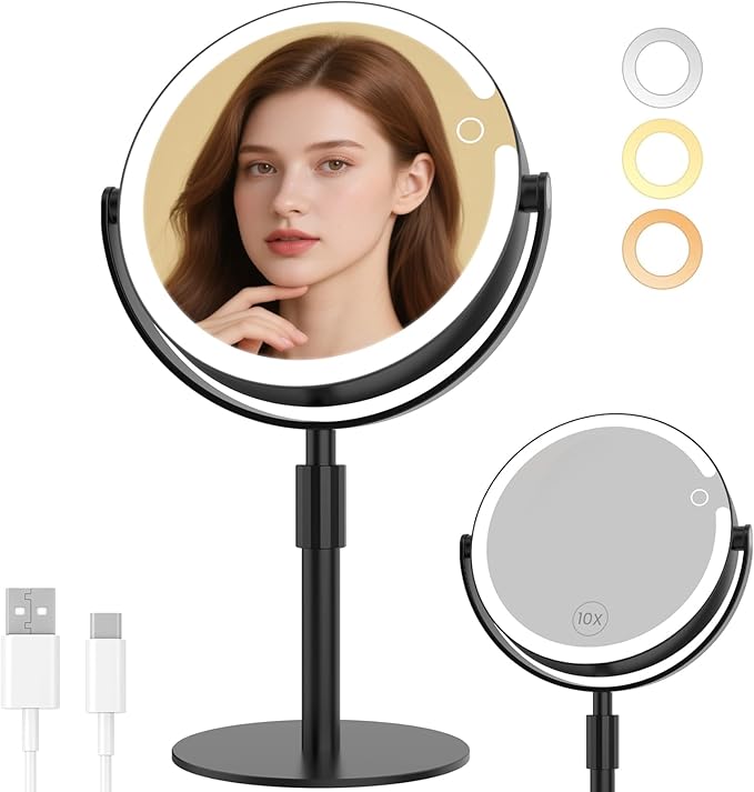 FRANO Makeup Mirror with Lights, 8" Double Sided 1x/10x Magnifying Vanity Mirror with 3 Color Lights, Rechargeable, 360° Rotation and Adjustable Height, Gift for Women Her