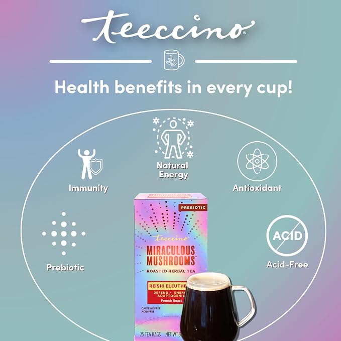 Teeccino Reishi Eleuthero Tea - French Roast - 25 TeaBags - Organic Mushroom Adaptogenic Herbal Tea, 3x More Herbs than Regular Tea Bags, Caffeine Free, Chicory Prebiotic