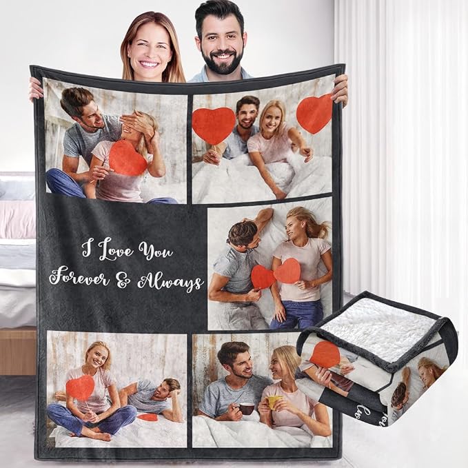 Ships Next Day, Custom Sherpa Fleece Blanket with Photos Text Soft Warm Custom Blanket Personalized Couples Gifts for Boyfriend Girlfriend Customized Picture Blanket Gifts for Christmas Valentines Day