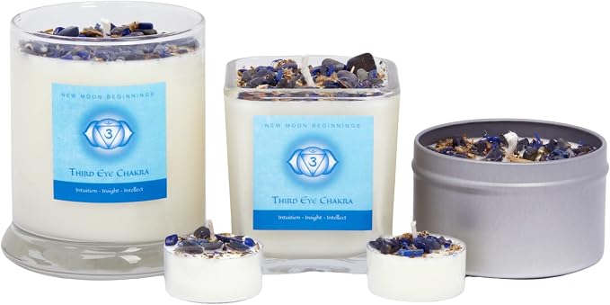 Third Eye Chakra Candle by New Moon Beginnings - Chakra Candles - Dried Flower, Herb, & Crystal Candles - Aromatherapy Candles - Soy Candle - Set of 6 Tealights