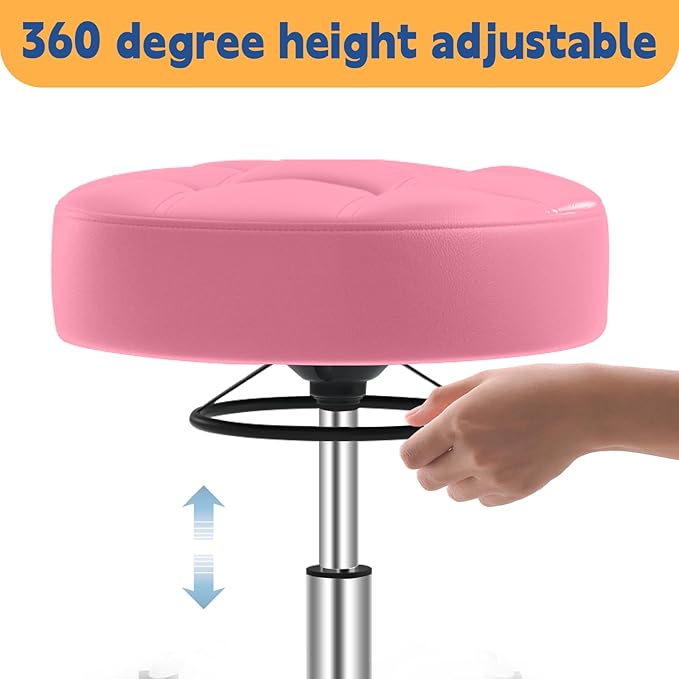 YEEZEE Rolling Stool Heavy Duty 400lb: Super Soft Leather Seat Cushion, 360 Swivel, Height Adjustable 19.7"-25.3", No Squeaky Noises, No Tip Over, Salon & Spa Stool, Pink