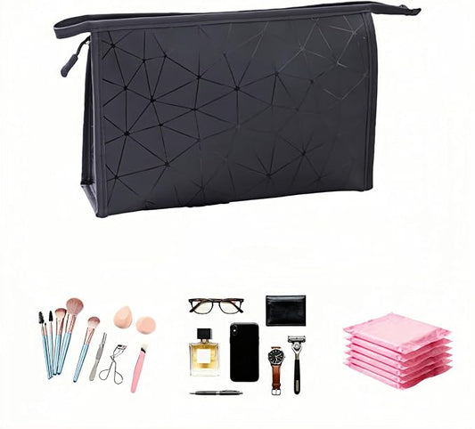 Btolin Geometric Pattern Cosmetic Storage Bag Leather Period Pouch for Women & Teens - Waterproof Small Makeup Bag | Portable Menstrual Pad/Tampon Holder | Black Travel Organizer