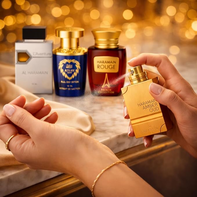Al Haramain Fragrance Discovery Set for Men & Women – 4×10ml Each, (Amber Oud Gold Edition + L'aventure + Azlan Oud Amber Edition + Blanche)