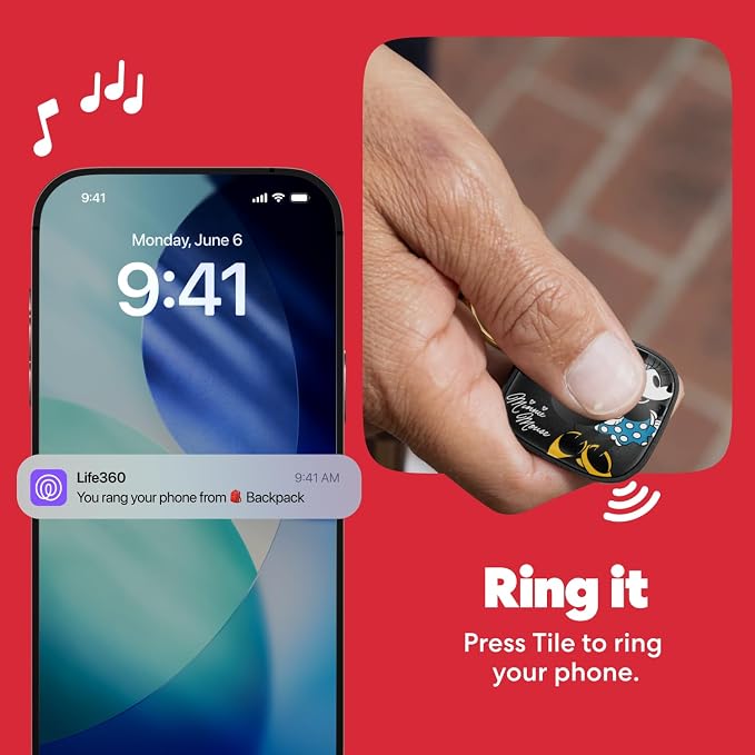 Life360 Tile Starter Pack - Minnie Mouse - Bluetooth Trackers and Item Finders for Keys, Wallets & More. Both iOS and Android Compatible. Phone Finder. 2-Pack (Black Mate/Slim)