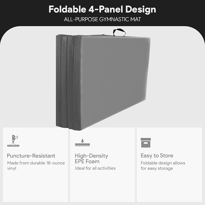 BalanceFrom 10x4 Feet 4-Panel Folding Gymnastics Mat – 2-Inch Thick Pad with Vinyl Surface and Carrying Handles for Tumbling, Yoga, Pilates, Home Workouts, and Martial Arts
