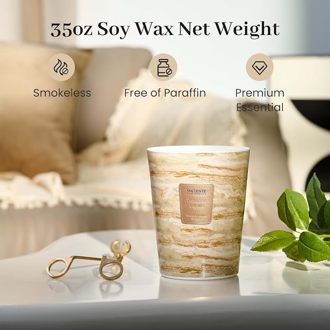 M&SENSE Extra Large Candle 35oz 150H TobaccoVanilla Scented Candle, 3 Wick Highly Scented Jar Candle, XL Candles Gift for Stress Relief, Meditation, Yoga