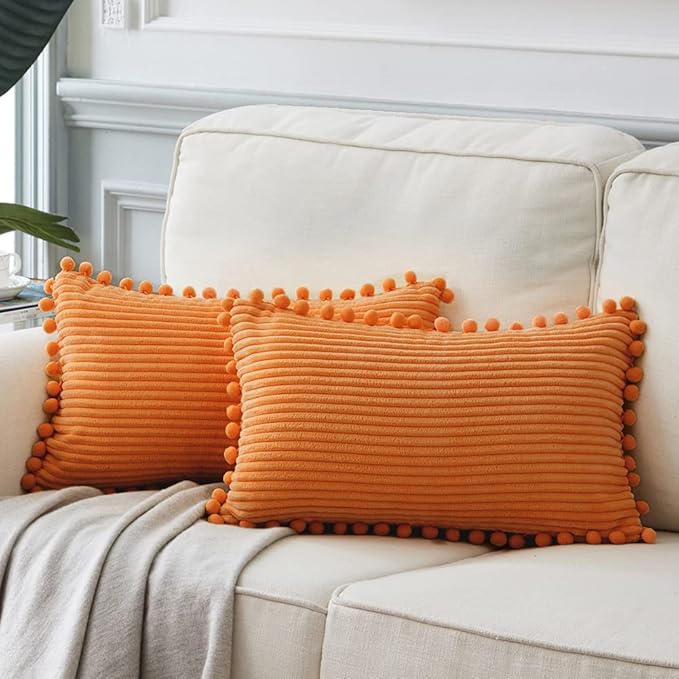 Fancy Homi 2 Pack Burnt Orange Lumbar Decorative Throw Pillow Covers 14x24 Inch with Pom-poms for Couch Bedroom Sofa, Soft Corduroy Rectangle Cushion Case 35x60 cm, Farmhouse Boho Fall Home Decor
