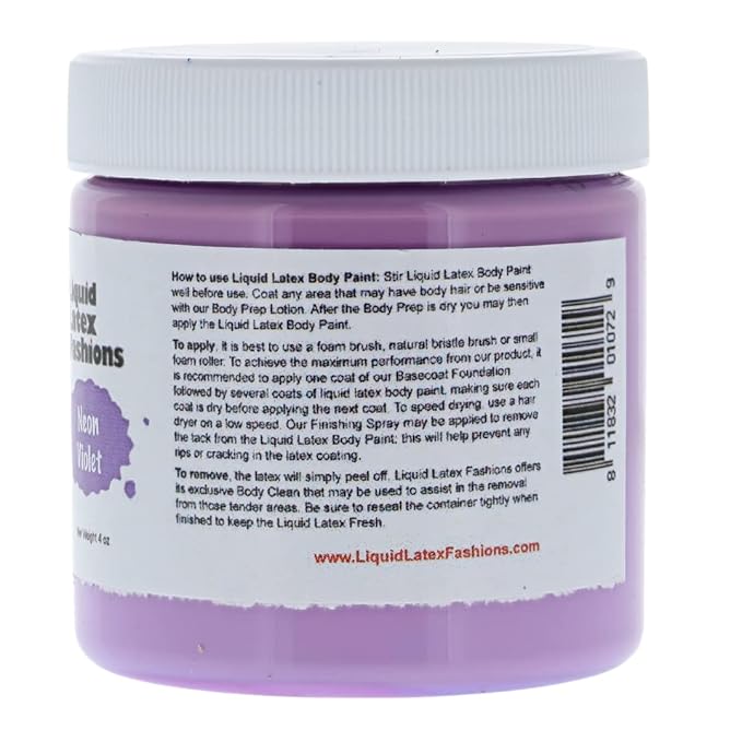Liquid Latex Fashions- Ammonia Free Neon Violet Makeup Effects Body Costume Creation Paint for Adults and Kids, Ideal for Art and Cosplay, Easy to Peel Off- 4 Oz