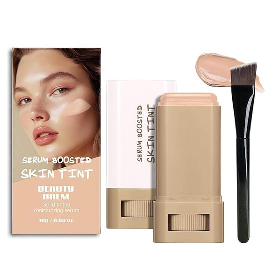 Beauty Balm Serum Boosted Skin Tint with Brush– Lightweight Essence Tinted Foundation Stick for Flawless Sheer to Full Coverage, Natural & Breathable Contour Stick for Face Makeup, All-Day Wear (#05)