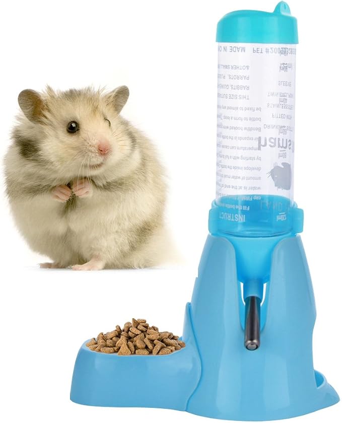 Guardians Hamster Water Bottle, Little Pet Automatic Drinking Bottle with Food Container Base Hut Hanging Water Feeding Bottles Auto Dispenser for Small Animals(125ml,Blue)