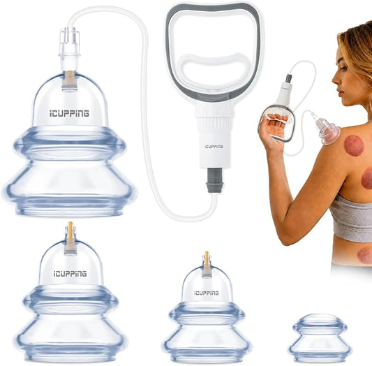 ICUPPING CUVIA Hybrid Cupping Therapy Set with Hand Pump Suction Cups | Manual cupping therapy set with hand pump and silicone suction cups for adjustable body and back massage routines
