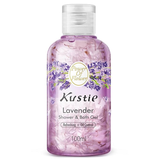Kustie Lavender Petal Travel Size Body Wash – Visible Provence Petals with Tea Tree Oil | Oil-Control & Pore-Clearing Cleanser for Balanced Skin | Free From Paraben, Sulfate & Phthalate | 3.38 Fl Oz
