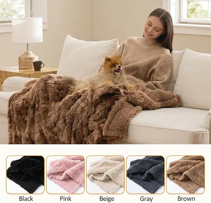Pet Blankets Waterproof Fluffy Fleece Blanket Cat Dog Blankets Liquid Pee Proof Throw Blanket Reversible Furniture Protector Cover Washable for Couches Beds Sofa 57"x40" Brown