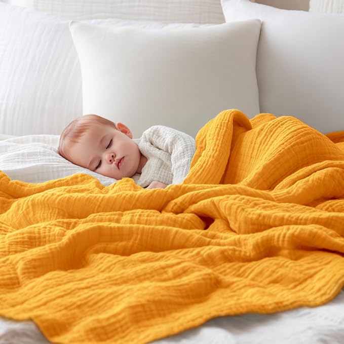 EMME Muslin Blankets for Adults Mustard Yellow Small Blanket 40" x 50" | Throw Blanket for Couch Breathable Gauze Soft Lightweight Airy Light