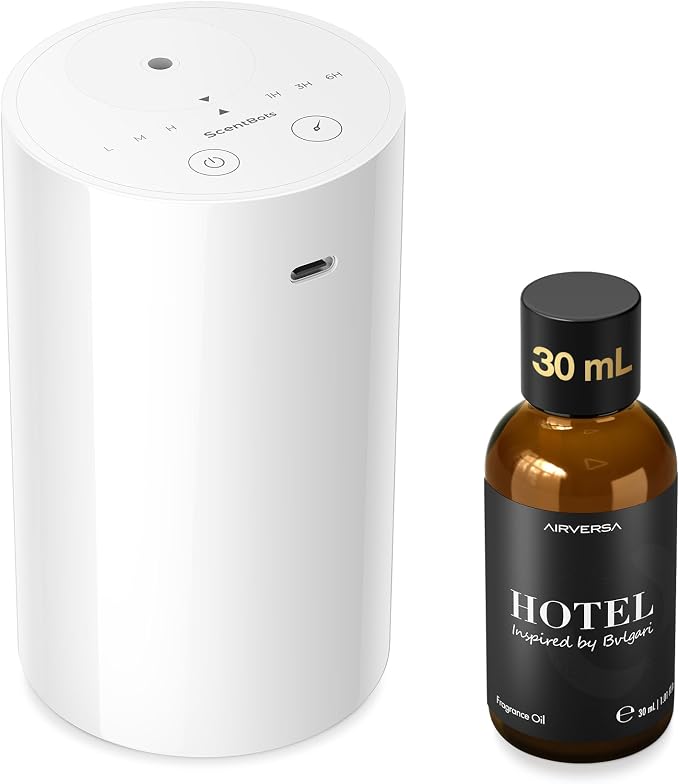 Waterless Essential Oil Diffuser Starter Kit, Battery Operated Diffuser Oil Machine, Portable Aroma Diffuser for Home Car Office, ANZ White | 30 mL BGR Hotel Scent Fragrance Oil, Battery Operated, Up to 600 sq ft, Portable for Home Car Office, ANZKit-30-G