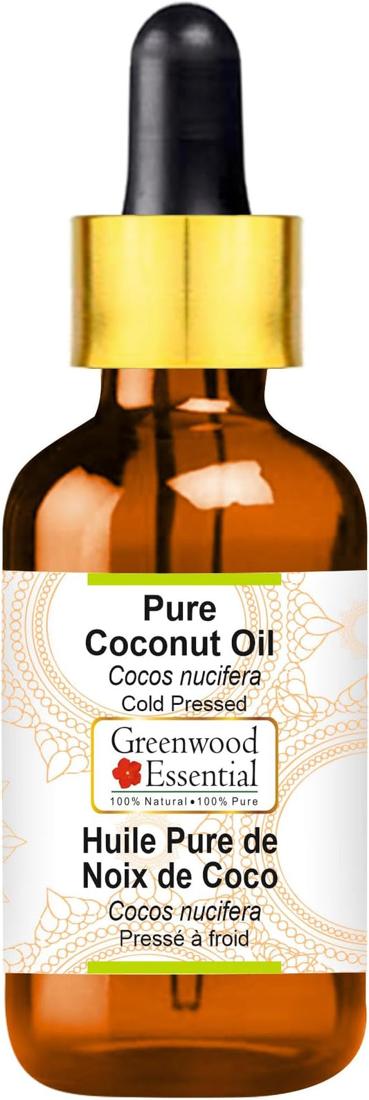 Greenwood Essential Coconut Oil (Cocos nucifera) with Glass Dropper | Cold Pressed | Natural | Undiluted | For Diluting Essential Oils | For Hair, Skin & Massage | Men & Women | 30ml (1 oz)