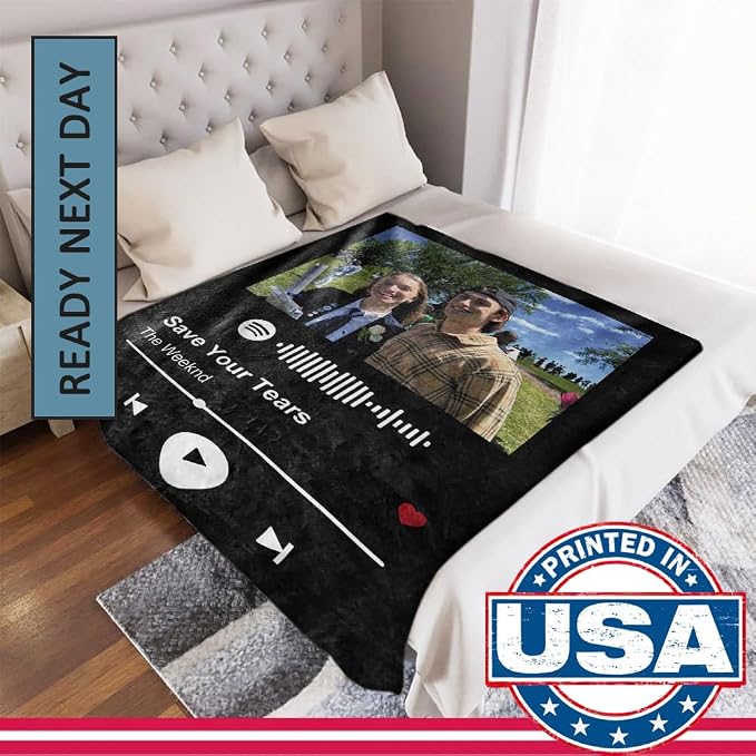 DayOfShe Spotify Code Music Photo Blanket Customized for Boyfriend and Girlfriend Gifts, Personalized Picture Blankets Wife Birthday Photo Gifts for Women Men