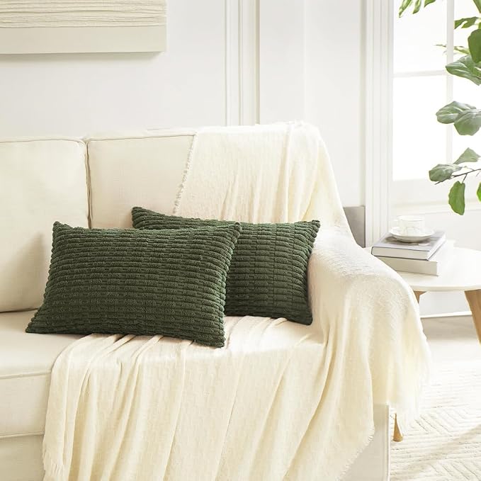 Fancy Homi Decorative Throw Pillow Covers for Bed Couch Bedroom Bench, Soft Corduroy Solid Pillow Case, Rustic Farmhouse Boho Room Decor,20" x 12" (Pack of 1),Olive Green