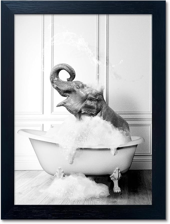 Framed Bathroom Art Wall Decor Elephant in Bathtub Decor Funny Black and White Animal Canvas Print Paintings for Bathroom